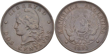 Аргентина 2 сентаво 1893 голова свободы влево KM 8 бронза 4512-735