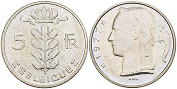 БЕЛЬГИЯ 5 ФРАНКОВ 1977 BELGIQUE, БОДУЭН I (1951-1993) KM 134.1 медно-никель 4110-837