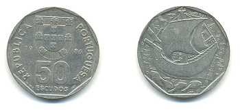 ПОРТУГАЛИЯ 50 ЭСКУДО 1986 КОРАБЛЬ KM 636 медно-никель 56-1034