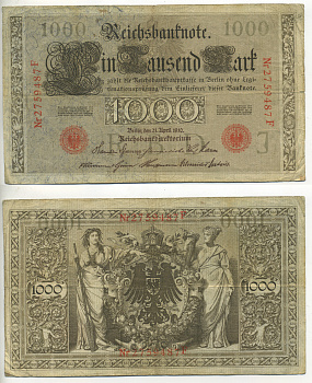 ГЕРМАНИЯ 1000 МАРОК 1910 КРАСНАЯ ПЕЧАТЬ, 7 ЦИФР В НОМЕРЕ Pick 44b бумага 7552-49-2