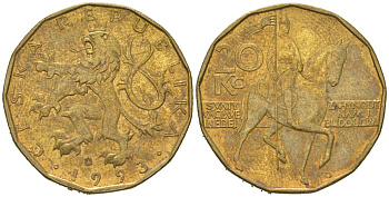 Чехия 20 крон 1993 HM, чешский лев, герцог Вацлав на коне KM 5 сталь плакированная латунью 4592-1155