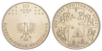 ФРГ 10 евро 2014 F, 600 лет Констанцскому собору KM 331 медно-никель BU 1520-241