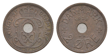 Дания 2 эре 1928 N, Кристиан X (1912-1947) KM 827 бронза 4658-214