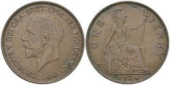 Великобритания 1 пенни 1934 Георг V (1910-1936) KM 838, Spink 4055 бронза    69-1041