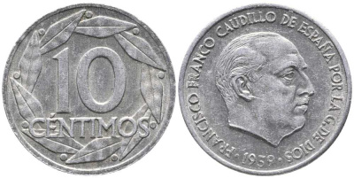 Испания 10 сентимо 1959 Франсиско Франко (1939-1975) KM 790 алюминий 105-1119