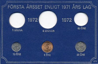 Швеция 5, 10, 25 эре 1972 Густав VI Адольф (1950-1973) в картоне набора монетного двора UNC 7-5-7-264