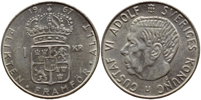 Швеция 1 крона 1967 U, Густав VI Адольф (1950-1973) KM 826 серебро 633-823