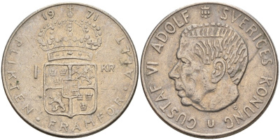 Швеция 1 крона 1971 U, Густав VI Адольф (1950-1973) KM 826a медь плакированный медно-никелем 4150-323