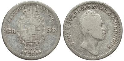Швеция 1/16 риксдалера 1855 AG, Оскар I (1844-1859) KM 665 серебро 4556-133