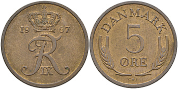 ДАНИЯ 5 ЭРЕ 1967 C; S, ФРЕДЕРИК IX (1947-1972) KM 848.1 бронза 106-115