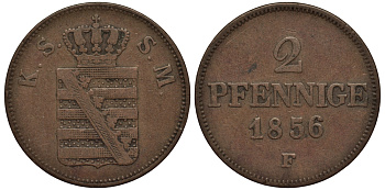 Саксония 2 пфеннига 1856 F KM 1185, Jaeger 80, AKS 152 медь    413-5544