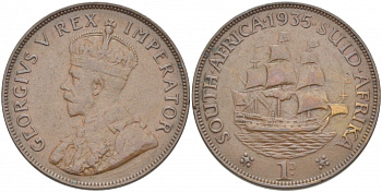 ЮАР 1 ПЕННИ 1935 ПАРУСНИК, ГЕОРГ V KM 14.3 бронза 215-322