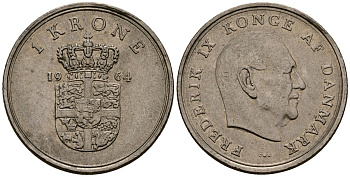 Дания 1 крона 1964 Фредерик IX (1947-1972) KM 852 медно-никель 4176-514