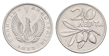 Греция 20 лепт 1973 Константин II (1964-1974), феникс в огне, оливковая ветвь KM 105 алюминий UNC 4668-1252