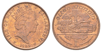 Остров Мэн 1 пенни 1989 АА, токарный станок, Елизавета II (1952) KM 207 бронза aUNC 4625-368