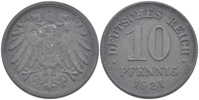 ГЕРМАНИЯ 10 ПФЕННИГОВ 1921 KM 26, J. 299 цинк 175-235