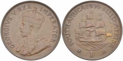 ЮАР 1 ПЕННИ 1935 ПАРУСНИК, ГЕОРГ V KM 14.3 бронза 215-322