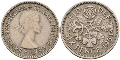 Великобритания 6 пенсов 1953 Елизавета II (1952-2022) KM 889, Spink 4141 медно-никель 4154-233
