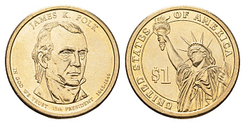 США 1 доллар 2009 P, Президент США - Джеймс Нокс Полк (1845-1849) KM 452 медь с марганцево-латунным покрытием UNC 4624-444