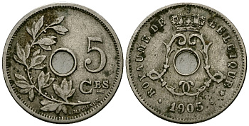 Бельгия 5 сантимов 1905 Belgique KM 54 медно-никель 4173-361