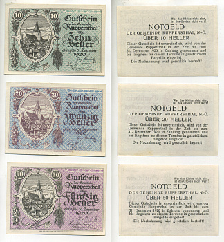 АВСТРИЯ НАБОР ИЗ 3 БАНКНОТ 1920 ДО 31 ДЕКАБРЯ 1920, НОТГЕЛЬД, 10, 20, 50 ГЕЛЛЕРОВ, RUPPERSTHAL, ПЕРВЫЙ ВЫПУСК бумага XF 7218-59-1