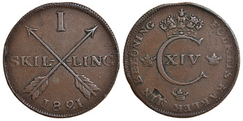 Швеция 1 скиллинг 1821 Карл XIV Юхан (1818-1844) KM 597 медь 4179-422