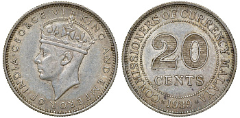 Британская Малайя 20 центов 1939 Георг VI (1937-1952) KM 5 серебро 53-414