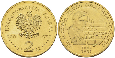 Польша 2 злотых 2007 125 лет со дня рождения Кароля Шимановского (1882-1937) KM 612 латунь 4589-637