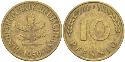 ФРГ 10 пфеннигов 1950 J KM 108, J. 383 сталь плакированная латунью 259-932
