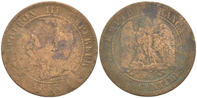 ФРАНЦИЯ 2 САНТИМА 1855 W, НАПОЛЕОН III (1852-1870) KM 776.7 бронза 210-1136