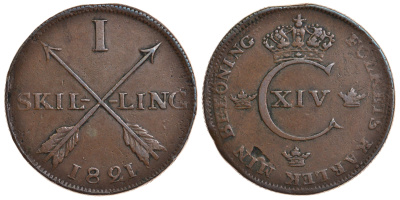 Швеция 1 скиллинг 1821 Карл XIV Юхан (1818-1844) KM 597 медь 4179-422