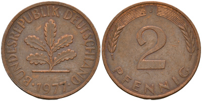 ФРГ 2 пфеннига 1977 J KM 106а, J.381а сталь плакированная медью  4598-836