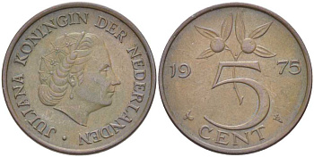 Нидерланды 5 центов 1975 Юлиана (1949-1980) KM 181 бронза 213-1127