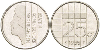 НИДЕРЛАНДЫ 25 ЦЕНТОВ 1985 БЕАТРИКС KM 204 никель 3309-356