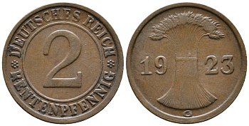 ГЕРМАНИЯ 2 РЕНТЕНПФЕННИГА 1923 G KM 31, J. 307 бронза 24-355