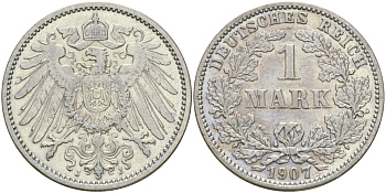 Германия 1 марка 1907 J Weege 18, J. 17, KM 14 серебро aUNC 413-5812
