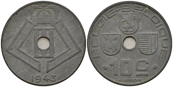 Бельгия 10 сантимов 1943 Belgie - Belgique, Леопольд III (1934-1947), германская оккупация, Вторая мировая война KM 126 цинк 4161-336