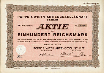 Германия 100 рейхсмарок 1928 Акционерное общество "Поппе и Вирт", Берлин, акция   бумага   8803-65-1