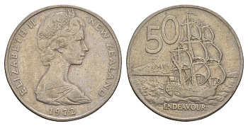 Новая Зеландия 50 центов 1972 Елизавета II (1952-2022), парусник Индевор KM 37 медно-никель 4645-616