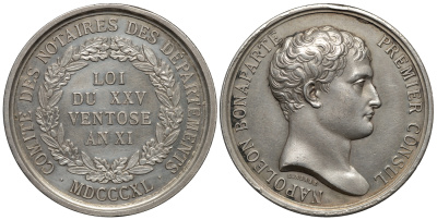 Франция медаль 1840 Наполеон Бонапарт, комитет нотариусов в департаментах, 32 мм, 13,49 гр Bramsen 1999, Slg. Julius 4030 серебро aUNC 00-801-04