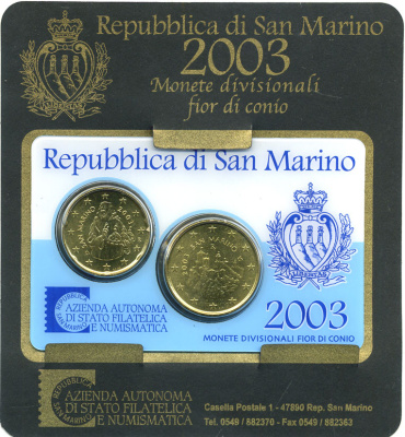 Сан-Марино евронабор из 2 монет 2003 20 и 50 евроцентов, в оригинальной пластиковой упаковке    UNC  5-6-2-67