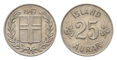 Исландия 25 эйре 1967 KM 11 медно-никель UNC 4696-346