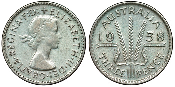 Австралия 3 пенса 1958 m, Елизавета II (1952-2022) KM 57 серебро 71-556