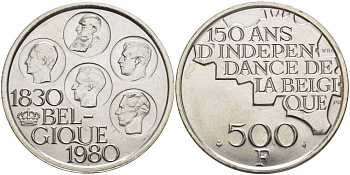 Бельгия 500 франков 1980 150 лет независимости, Belgique, Бодуэн I (1951-1993) KM 161 медно-никель покрытый серебром 1519-123