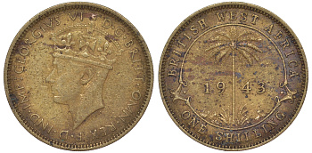 Британская Западная Африка 1 шиллинг 1943 Георг VI KM 23 никель латунь 25-1643