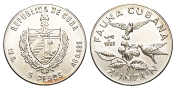 Куба 5 песо 1981 Фауна Кубы - Колибри-пчёлка KM 76 серебро BU 603-425