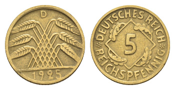 Германия 5 рейхспфеннигов 1925 D KM 39, J. 316 алюминиевая бронза 4644-1134
