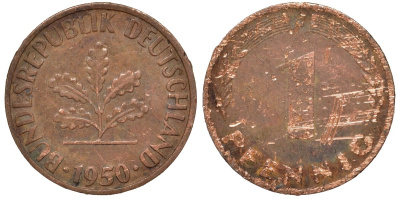 ФРГ 1 пфенниг 1950 F KM 105, J.380 сталь плакированная медью 4174-443