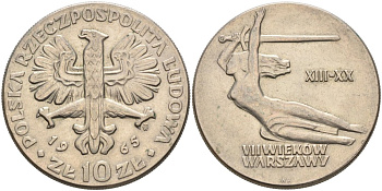 Польша 10 злотых 1965 700 лет Варшаве, богиня победы Ника с мечем KM 54 медно-никель 4572-414