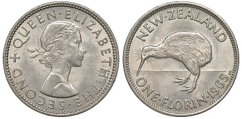 Новая Зеландия 1 флорин 1965 Елизавета II (1952-2022), птичка киви KM 28.2 медно-никель XF-UNC 51-656